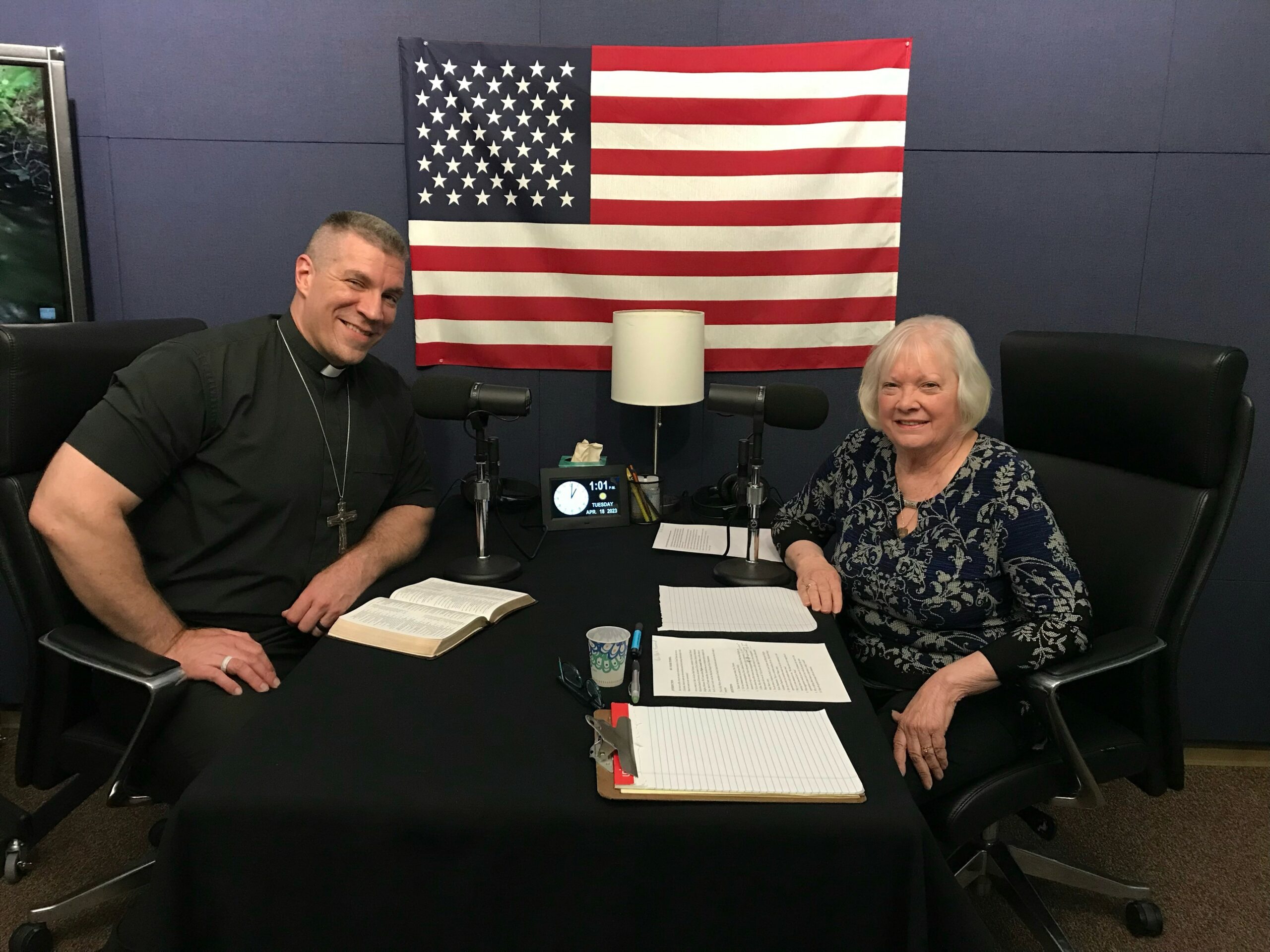 Rev. Mark Femmel of Zion Lutheran Church and Kay Meyer in the Family Shield studio
